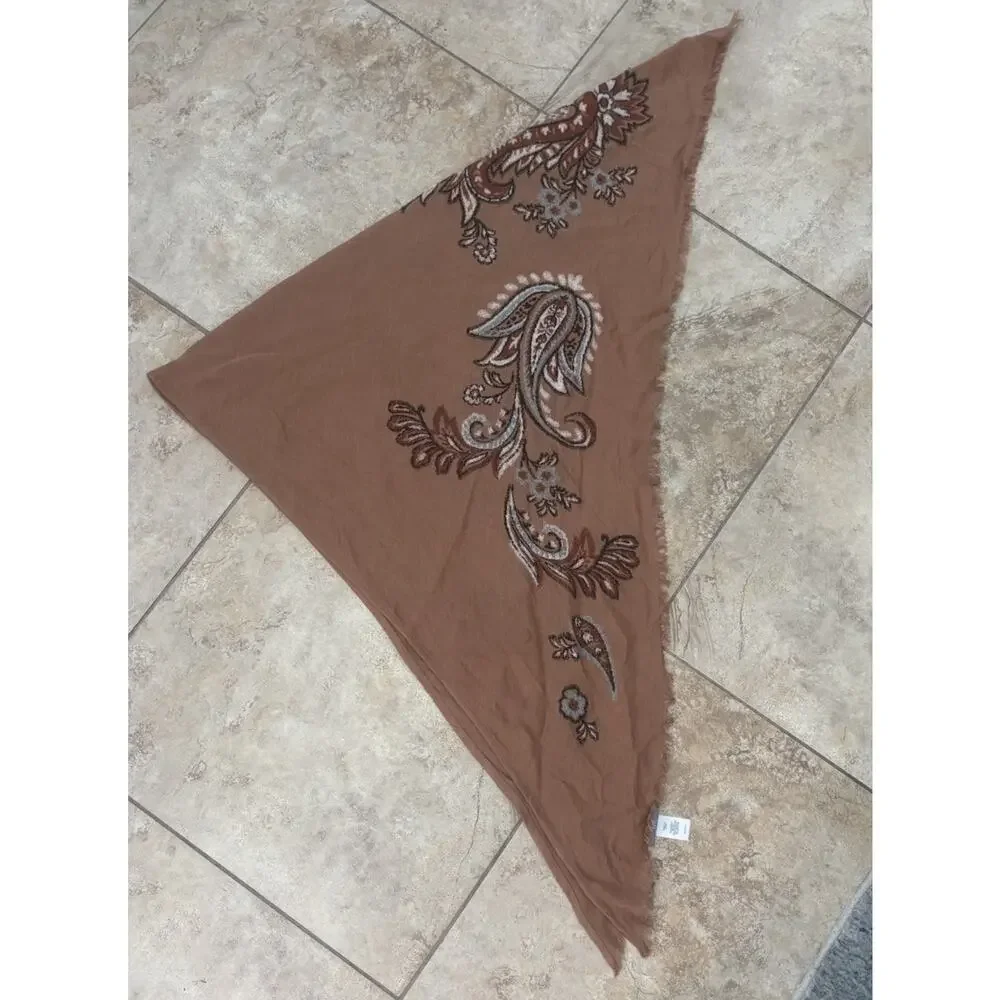 Embroidered Paisley Triangle Scarf Shawl Rust Brown Boho Fringe Modal Rayon Ctn